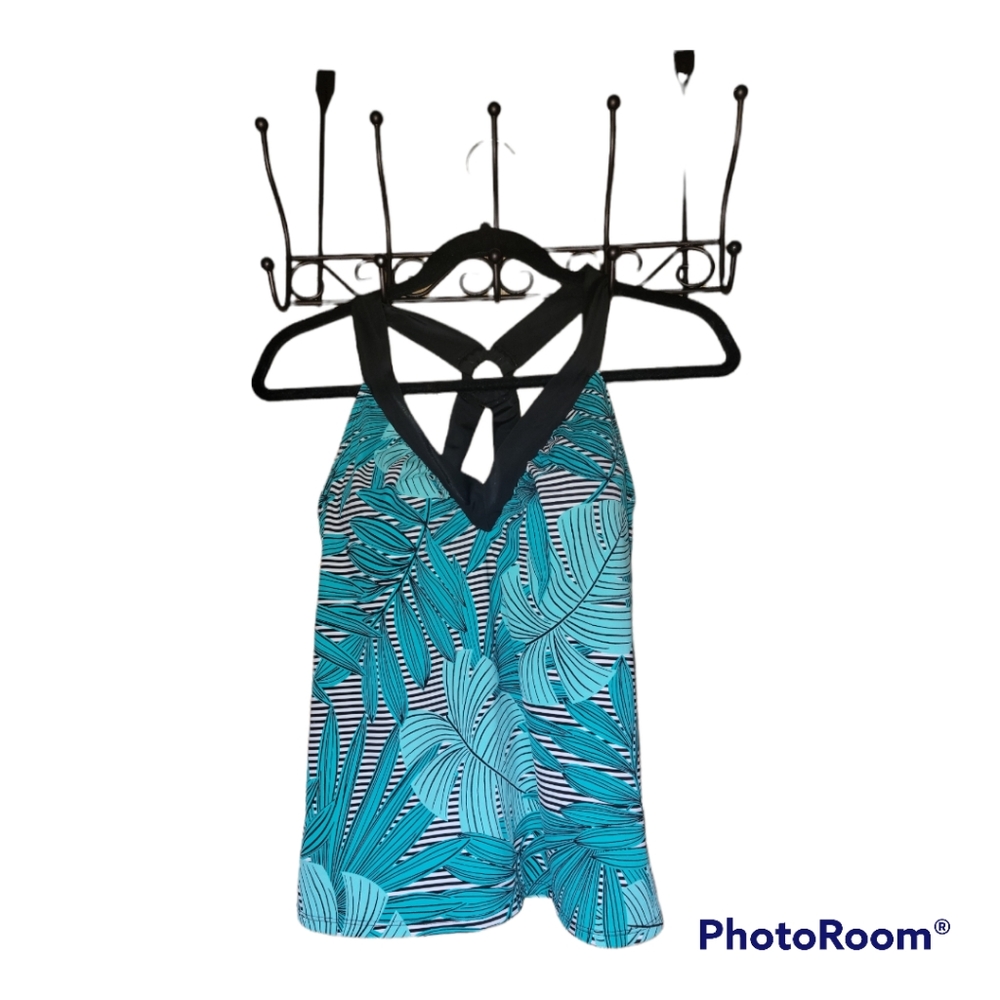 Jantzen, Lady's swim, tankini top, teal, leaves, X back with keyhole, size 12